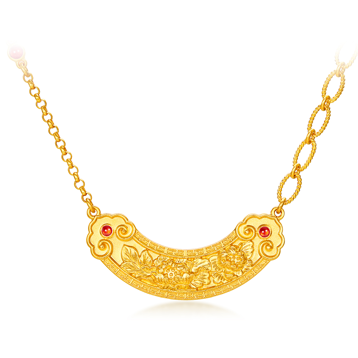 六福珠宝福满传家如意牡丹花黄金项链古法套链女计价L35TBGN0005【视频看货】