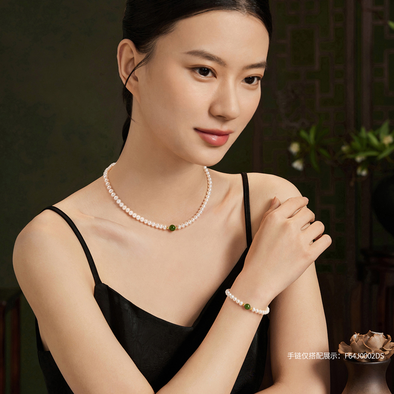 六福珠宝青黛淡水珍珠手链5.5-6mm和田玉石手串Ag925银G22J0015DS