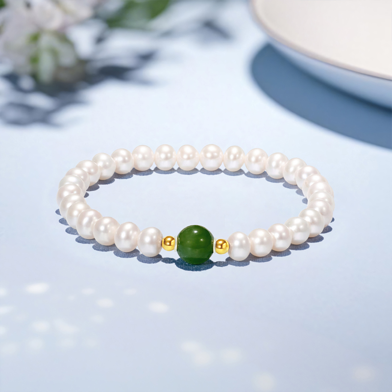 六福珠宝青黛淡水珍珠手链5.5-6mm和田玉石手串Ag925银G22J0015DS