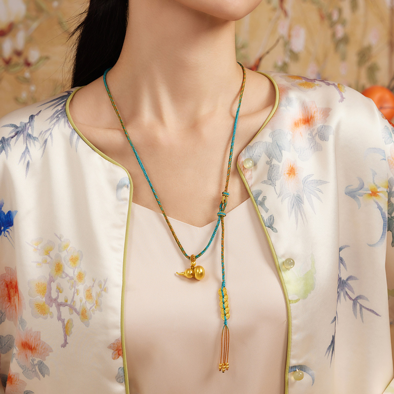 六福珠宝福满传家葫芦五帝钱黄金项链吊坠足金计价G21TBGN0004【联系客服补货】