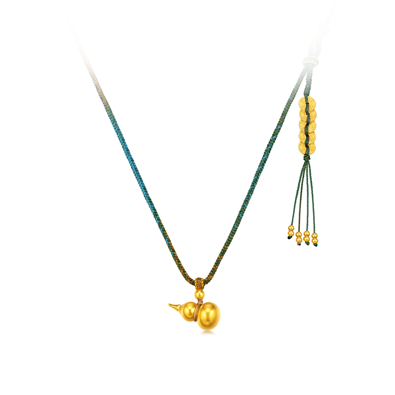 六福珠宝福满传家葫芦五帝钱黄金项链吊坠足金计价G21TBGN0004【联系客服补货】