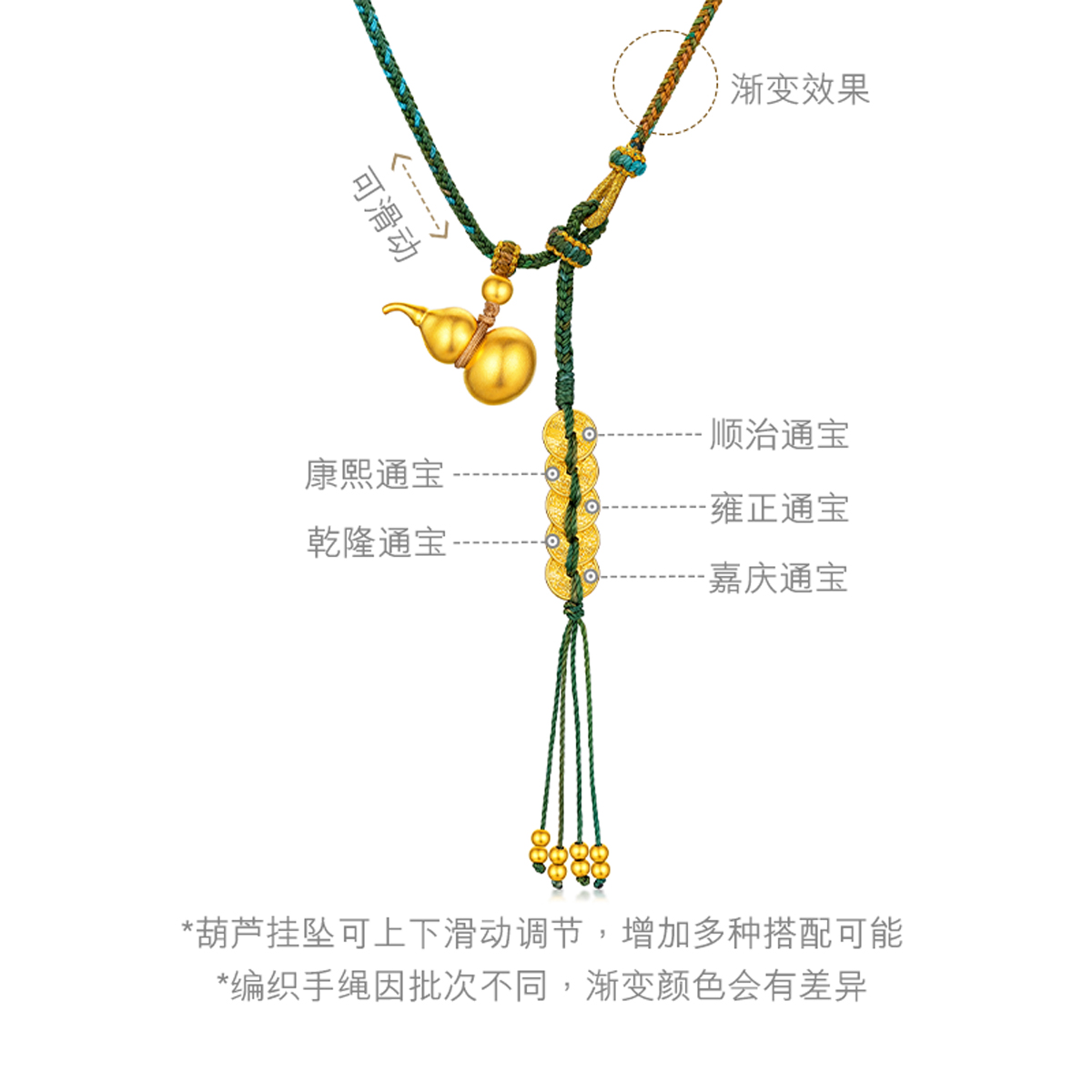 六福珠宝福满传家葫芦五帝钱黄金项链吊坠足金计价G21TBGN0004【联系客服补货】