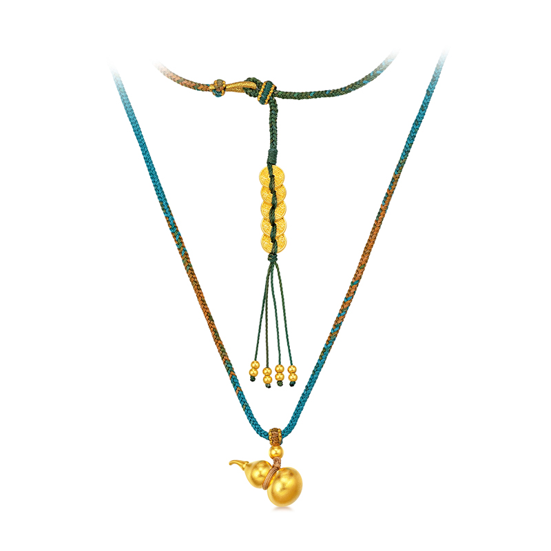 六福珠宝福满传家葫芦五帝钱黄金项链吊坠足金计价G21TBGN0004【联系客服补货】