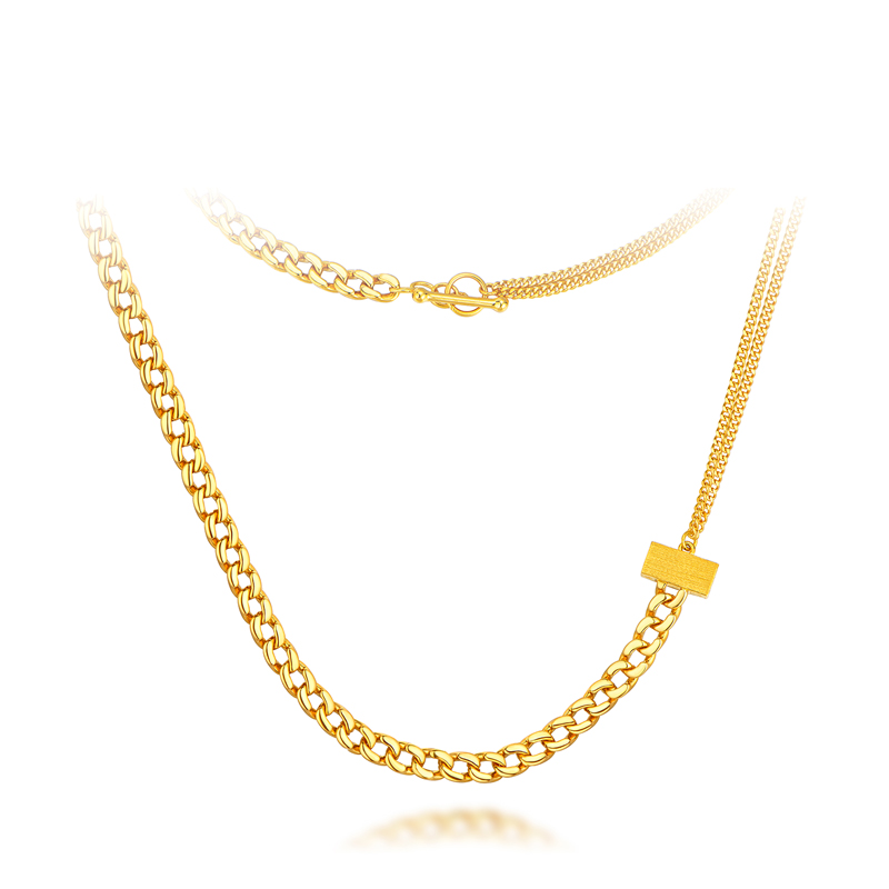 六福珠宝T焰金系列足金古巴链黄金项链锁骨链素链送礼计价009952NA【联系客服补货】