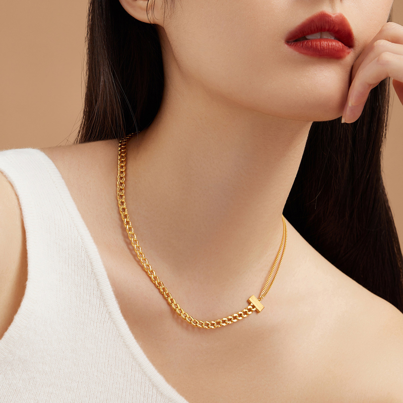 六福珠宝T焰金系列足金古巴链黄金项链锁骨链素链送礼计价009952NA【联系客服补货】