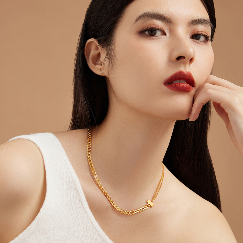 六福珠宝T焰金系列足金古巴链黄金项链锁骨链素链送礼计价009952NA【联系客服补货】