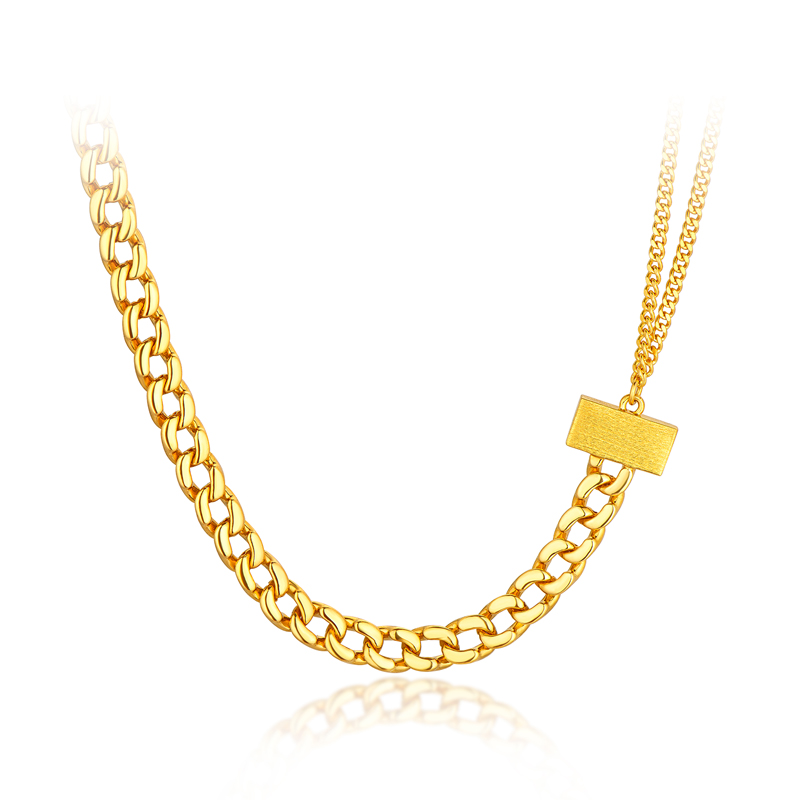 六福珠宝T焰金系列足金古巴链黄金项链锁骨链素链送礼计价009952NA【联系客服补货】