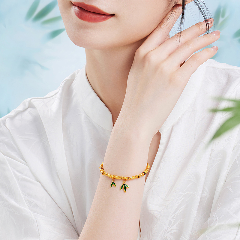 六福珠宝福满传家竹报平安竹节黄金手链鎏彩工艺手串计价005164BA【联系客服补货】