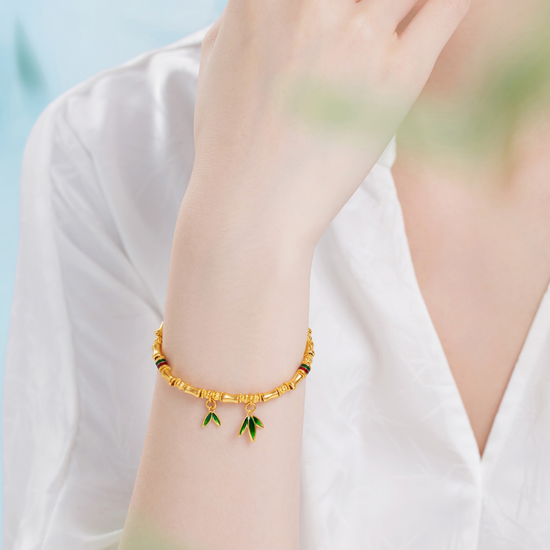 六福珠宝福满传家竹报平安竹节黄金手链鎏彩工艺手串计价005164BA【联系客服补货】