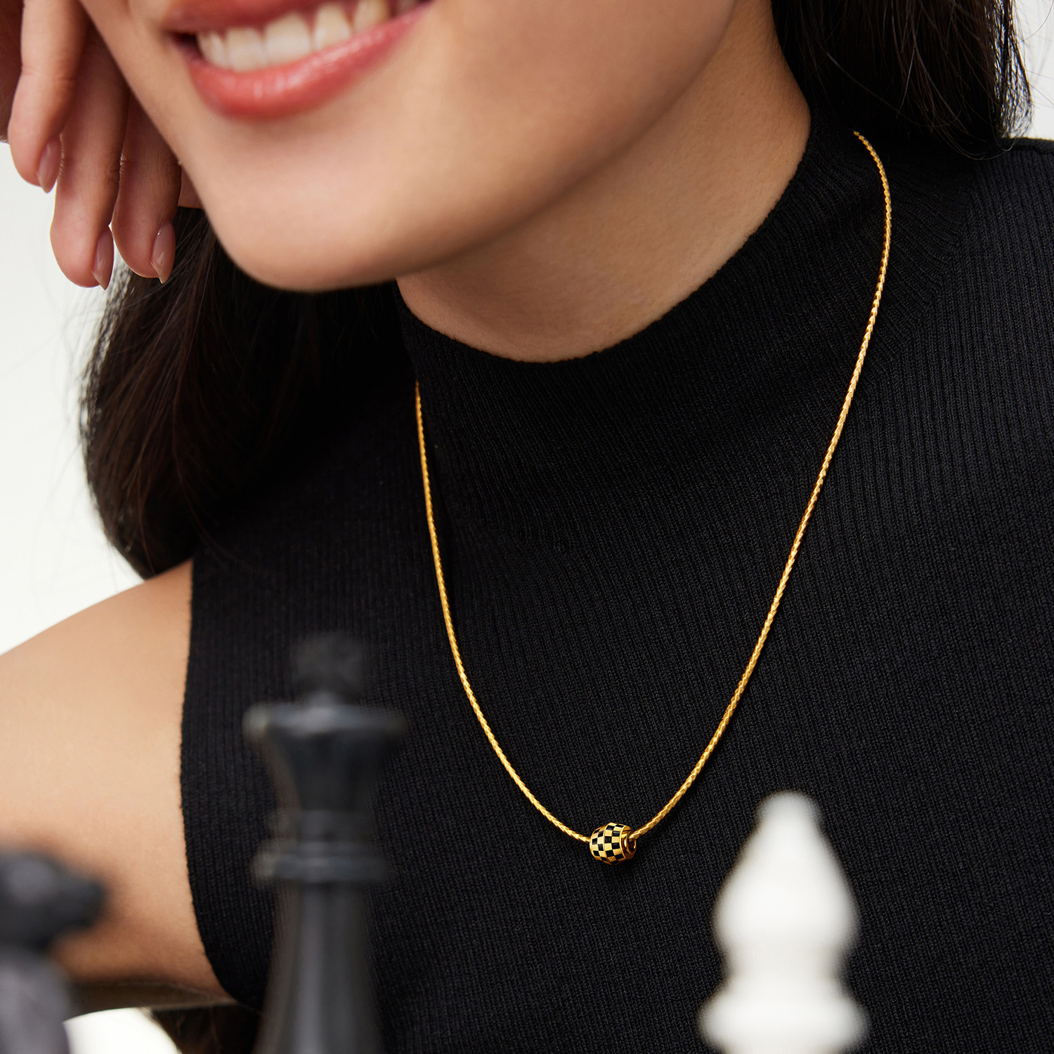 六福珠宝棋盘格黄金转运珠配件电黑硬金路路通可DIY串珠HEA0005DS