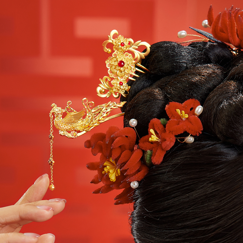 六福珠宝凤凰黄金发簪女福满传家婚嫁礼鎏彩工艺计价G21TBGH0001【联系客服补货】