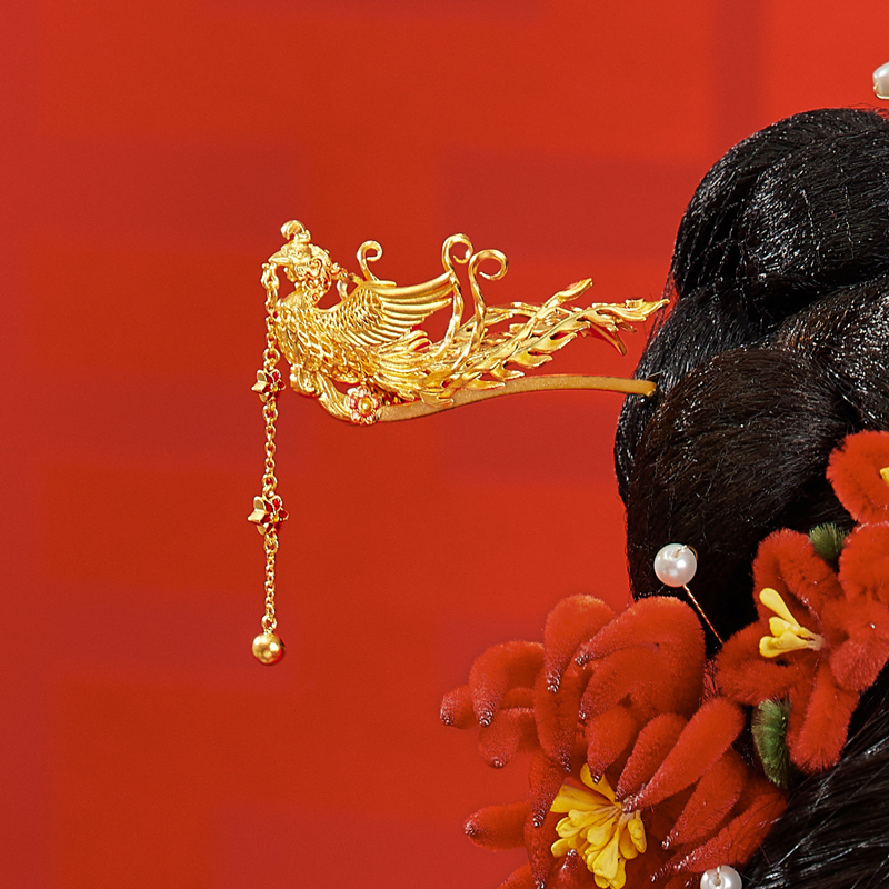 六福珠宝凤凰黄金发簪女福满传家婚嫁礼鎏彩工艺计价G21TBGH0001【联系客服补货】