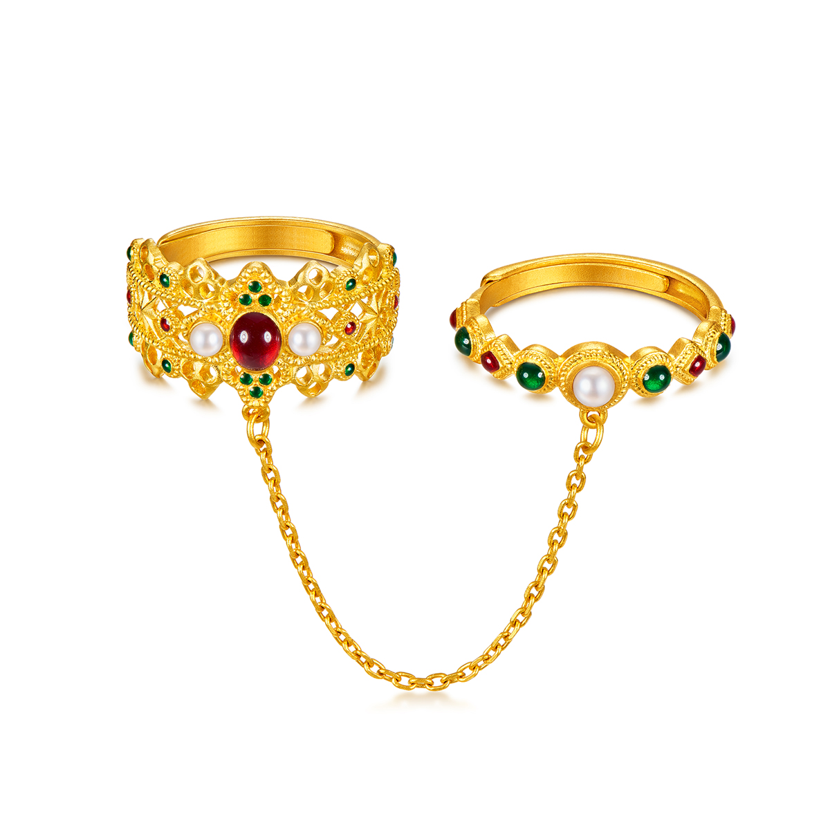 六福珠宝福满传家双圈黄金戒指镶珍珠女鎏彩工艺计价G39TBGR0014【联系客服补货】【视频看货】