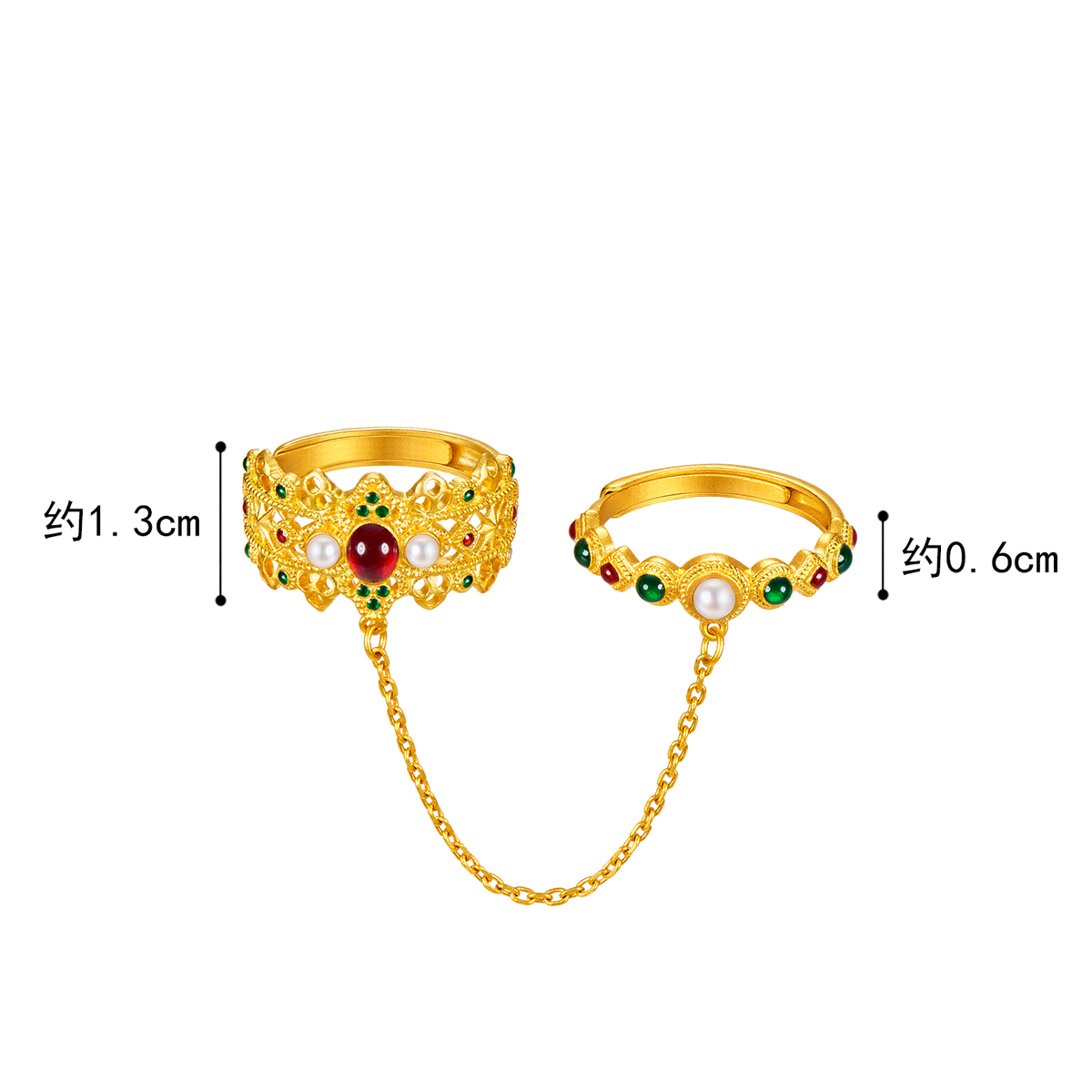 六福珠宝福满传家双圈黄金戒指镶珍珠女鎏彩工艺计价G39TBGR0014【联系客服补货】【视频看货】