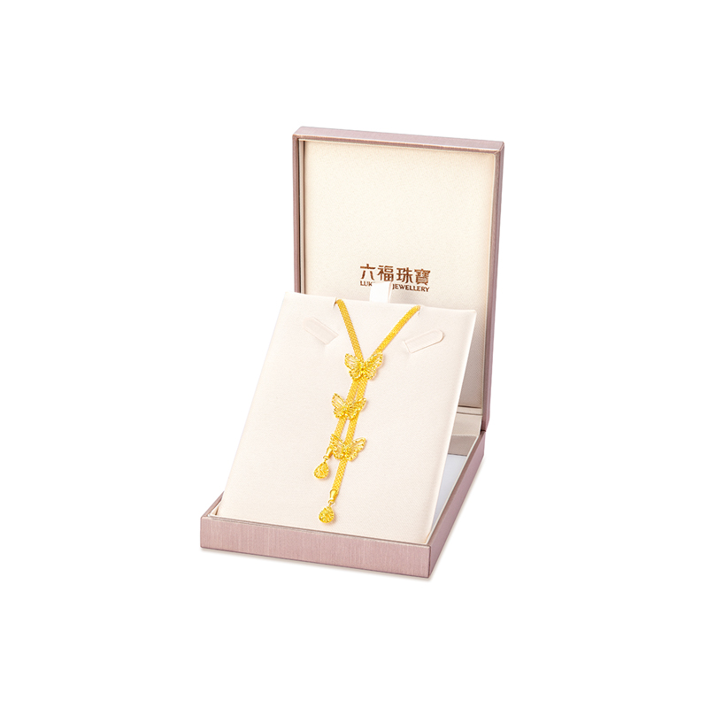 六福珠宝蝴蝶黄金项链女款流苏足金吊坠套链光影金5G计价005104NA【视频看货】