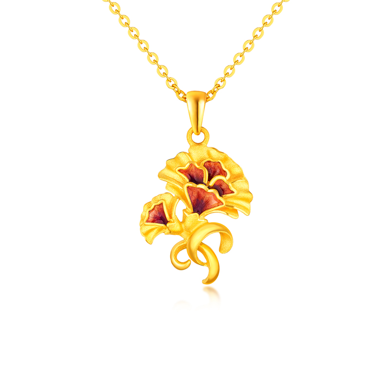 六福珠宝黄金吊坠鎏彩工艺足金康乃馨挂坠不含链女款计价GDGTBP0022母亲