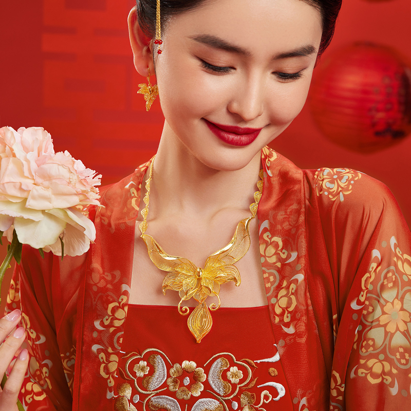 六福珠宝囍爱系列金桂囍事黄金项链女款婚嫁三金首饰计价021838NA【联系客服补货】【视频看货】