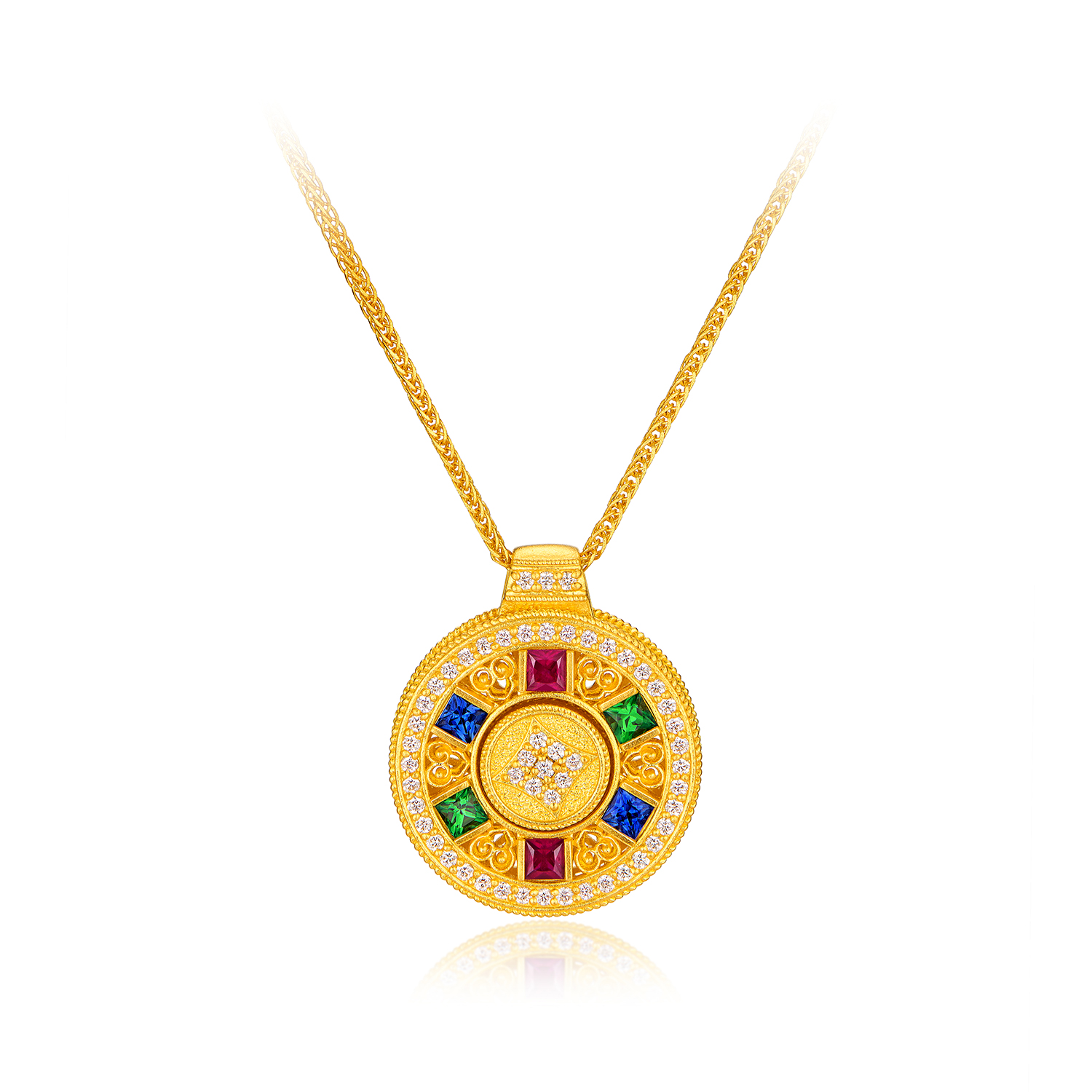 六福珠宝福满传家乾元通宝黄金项链钻石女款红蓝宝石吊坠032794NA【联系客服补货】【视频看货】