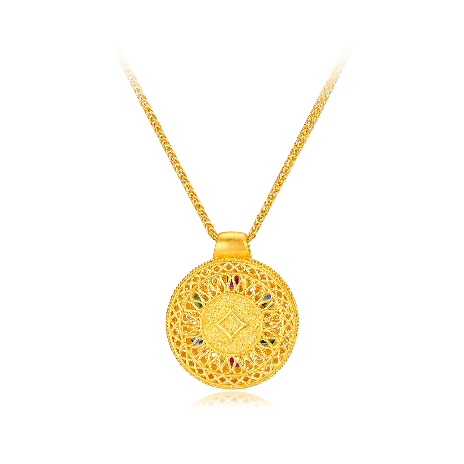 六福珠宝福满传家乾元通宝黄金项链钻石女款红蓝宝石吊坠032794NA【联系客服补货】【视频看货】