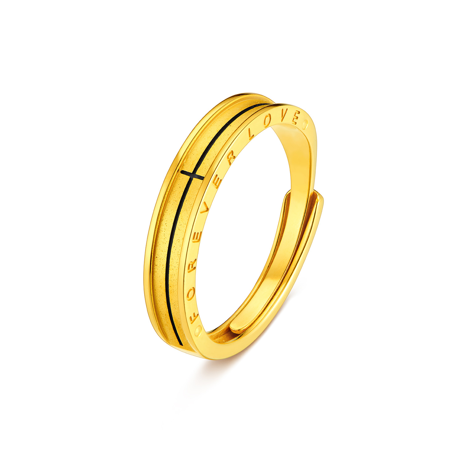 六福珠宝光影金唯爱永恒黄金戒指男女款实心电黑情侣对戒029490MA【视频看货】