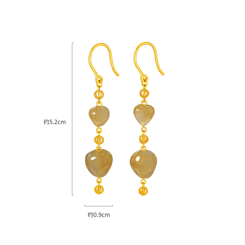 六福珠宝多宝黄金耳环女桃心形和田玉耳饰爱心足金耳坠FQA0011DS