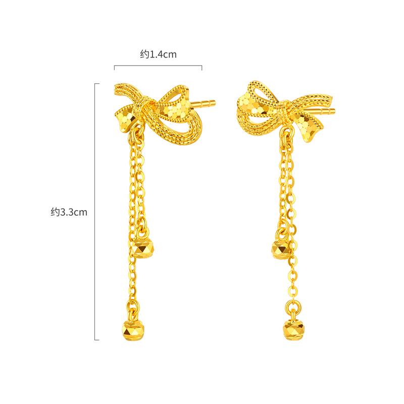 【店庆特惠】六福珠宝光影金蝴蝶结黄金耳钉流苏耳坠5G手工编织计价GJG0181DS