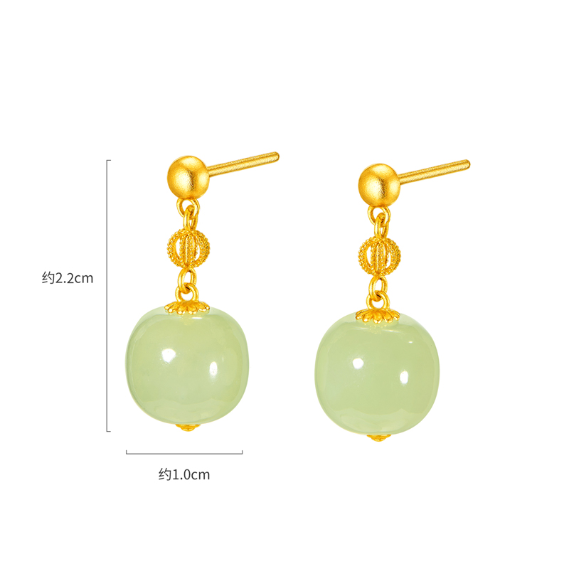 六福珠宝小灯笼老型珠黄金耳环耳钉女款和田玉足金耳饰FQA0006DS