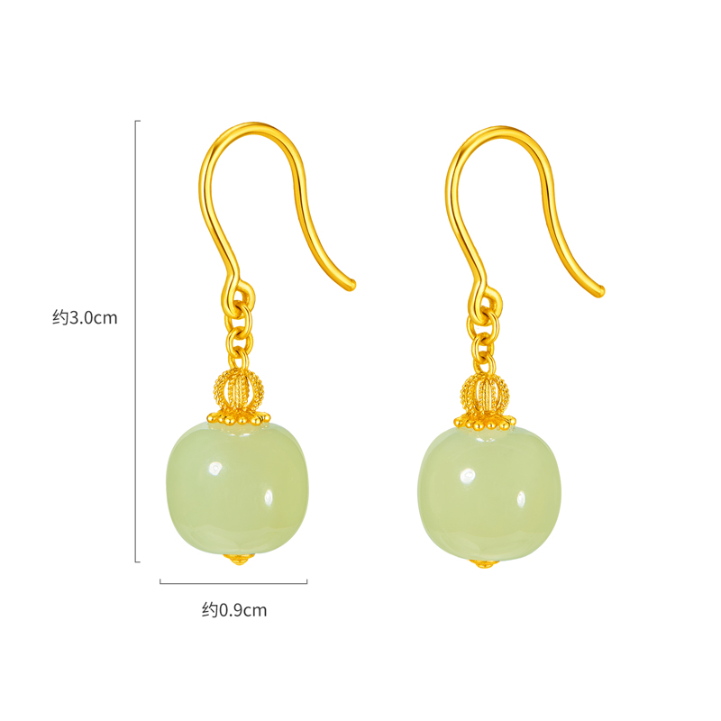 六福珠宝小灯笼老型珠黄金耳环耳钉女款和田玉足金耳饰FQA0006DS