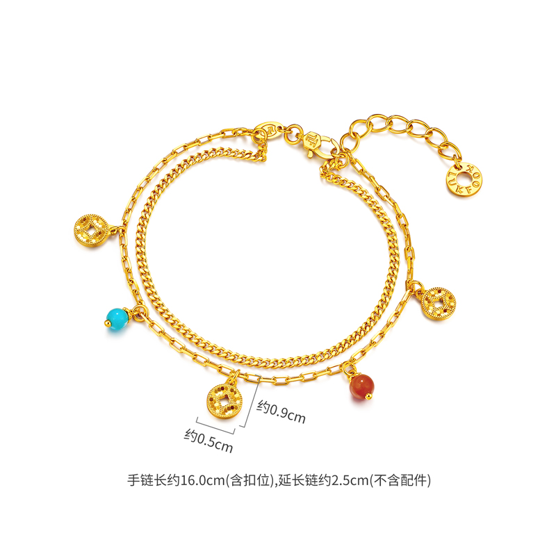 六福珠宝钱多多铜钱黄金手链女闪耀双层手链绿松石计价F63G0110DS【联系客服补货】【视频看货】