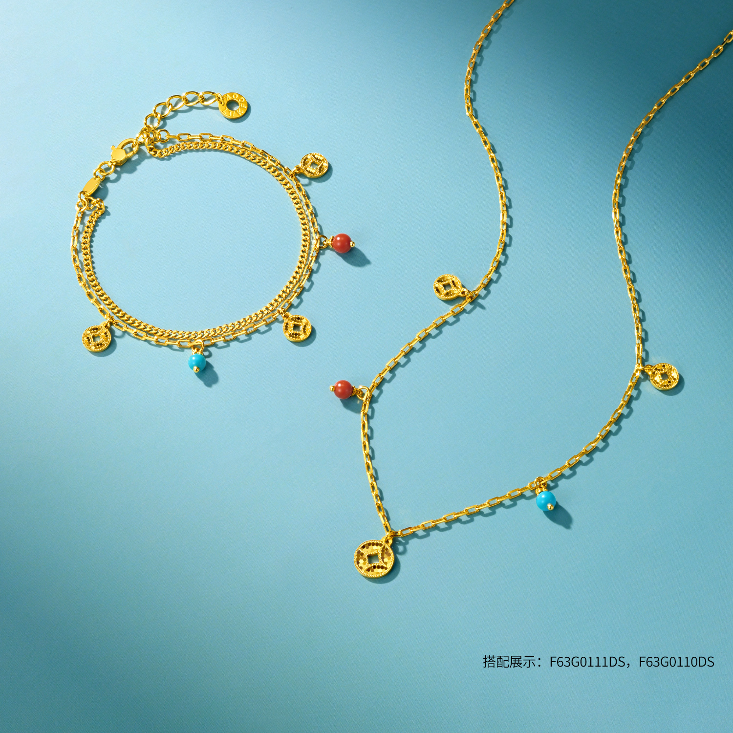 六福珠宝钱多多铜钱黄金项链绿松石闪耀金挂坠玉髓计价F63G0111DS【视频看货】