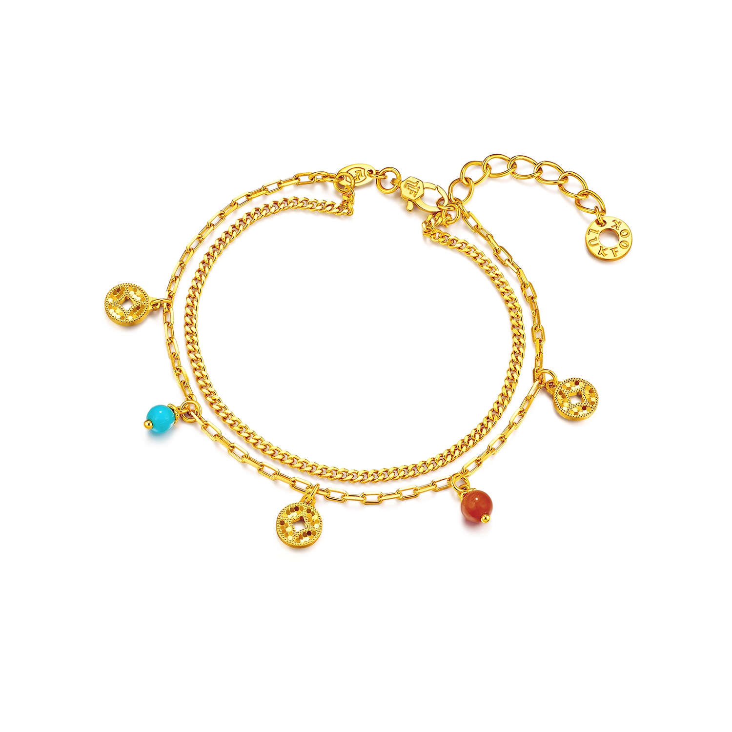 六福珠宝钱多多铜钱黄金手链女闪耀双层手链绿松石计价F63G0110DS【联系客服补货】【视频看货】