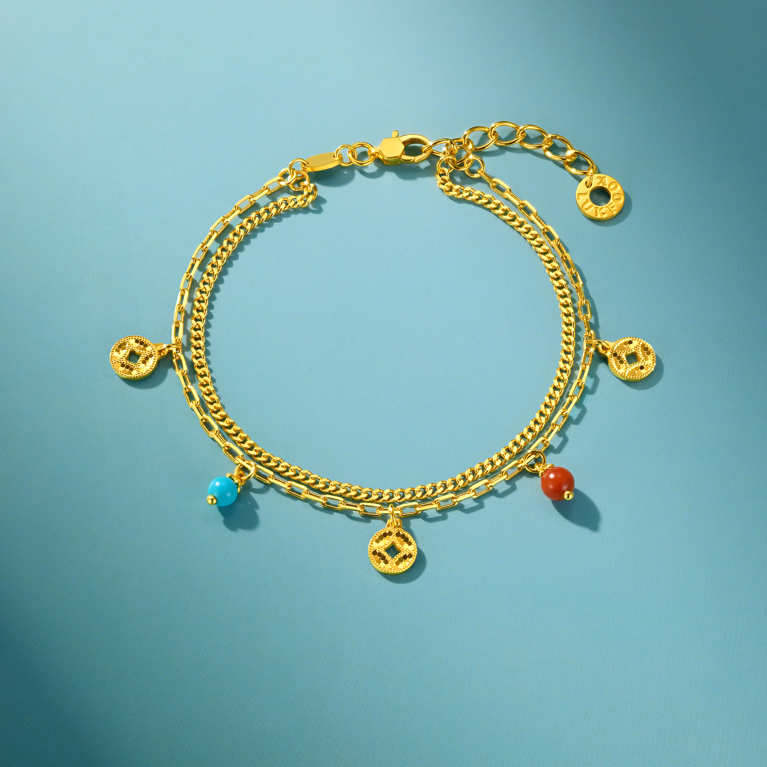 六福珠宝钱多多铜钱黄金手链女闪耀双层手链绿松石计价F63G0110DS【联系客服补货】【视频看货】