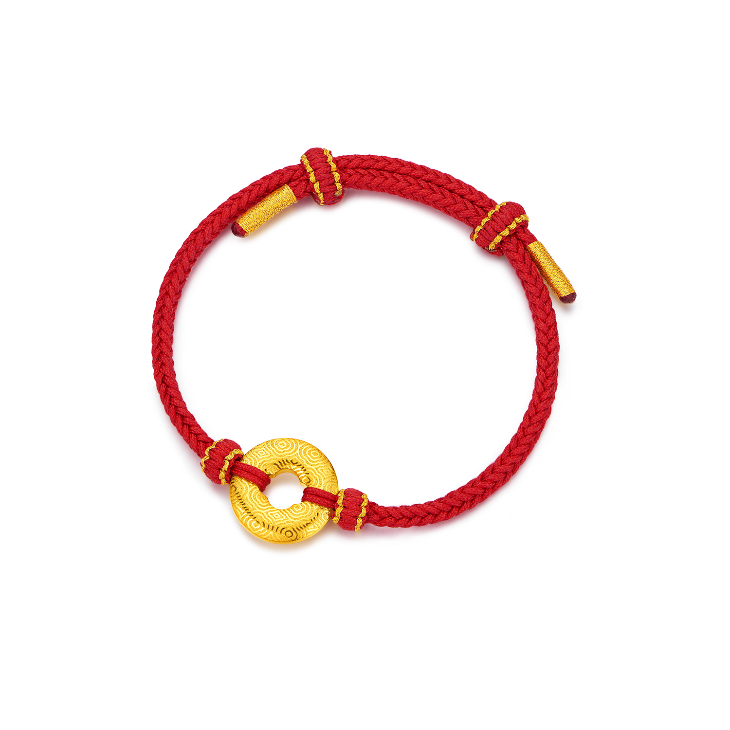 六福珠宝祥云平安扣黄金挂坠手绳男女款编织5D硬金手链ERA0003DS