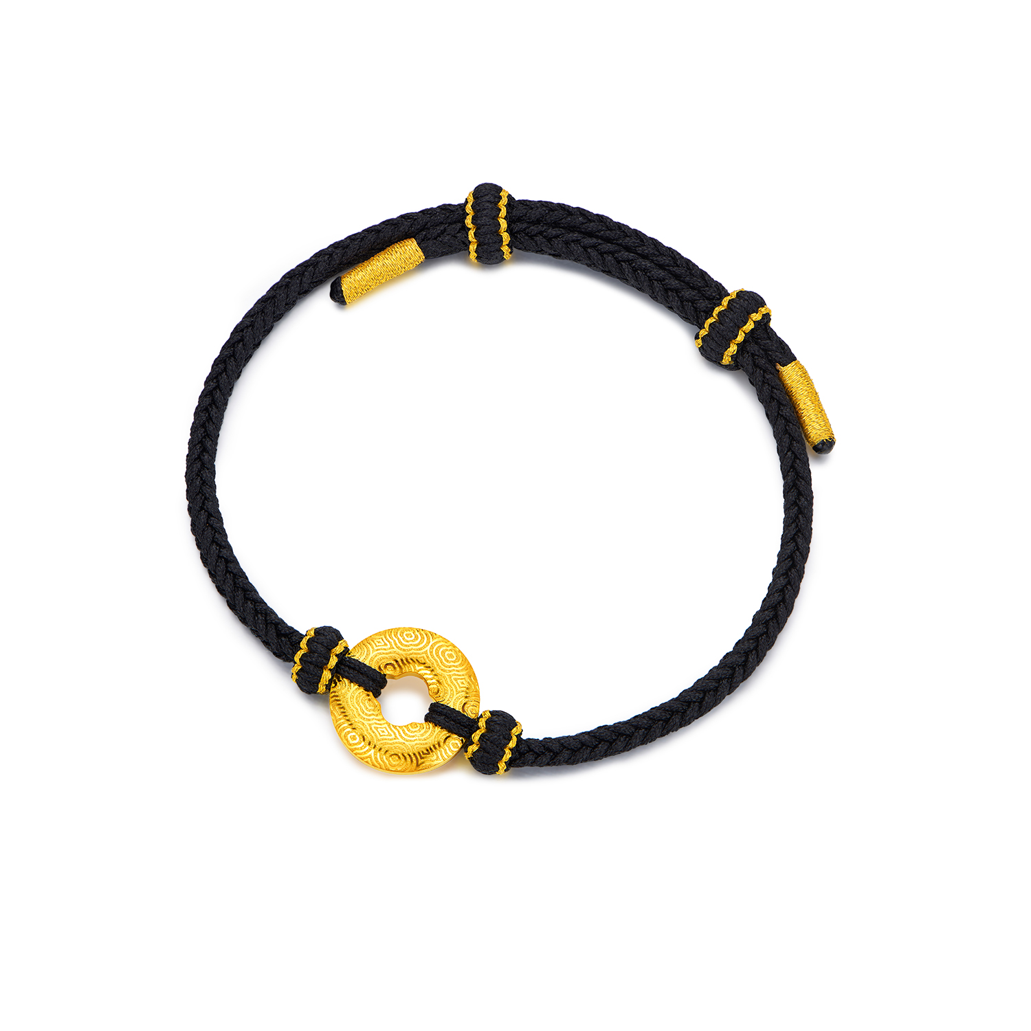 六福珠宝祥云平安扣黄金挂坠手绳男女款编织5D硬金手链ERA0003DS