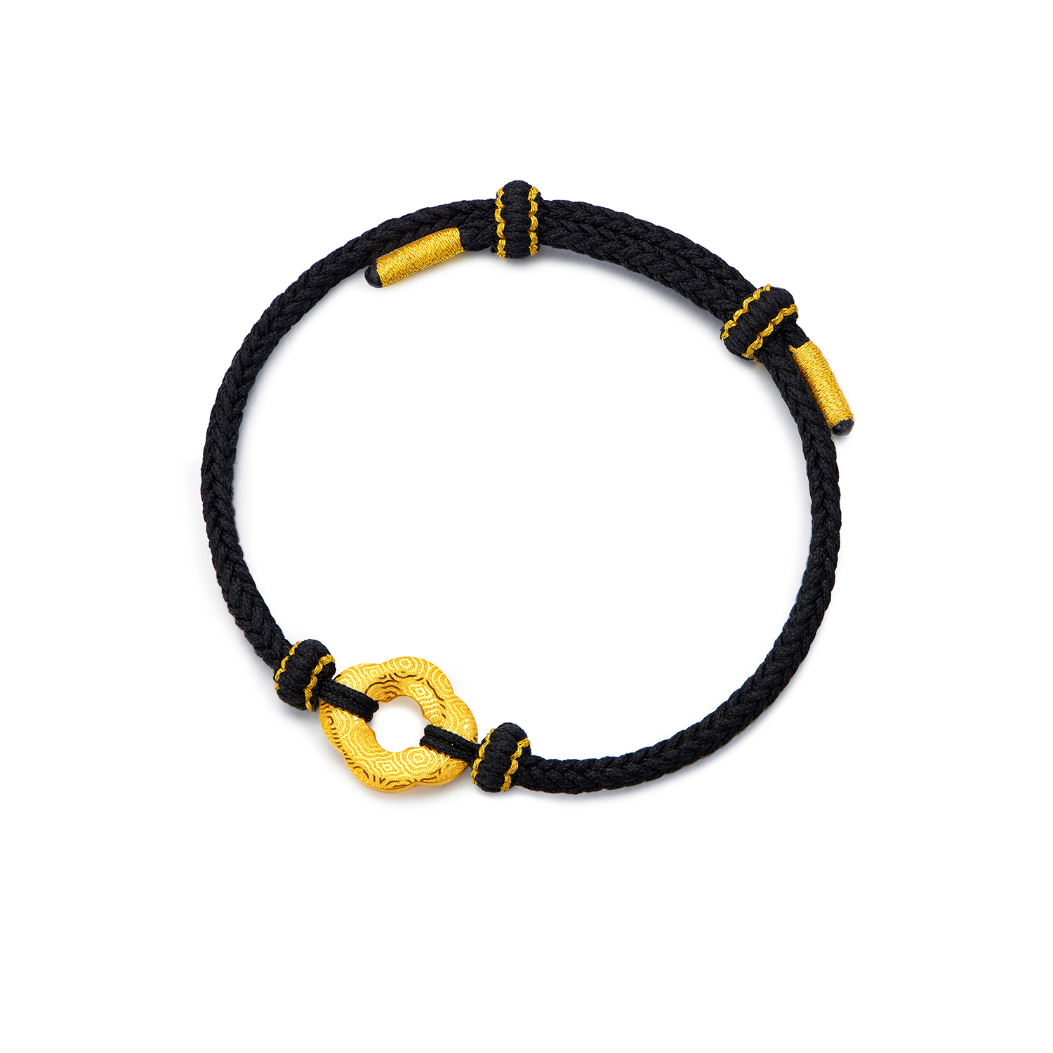 六福珠宝海棠环黄金挂坠手绳男女款硬金祥云纹编织手链ERA0004DS