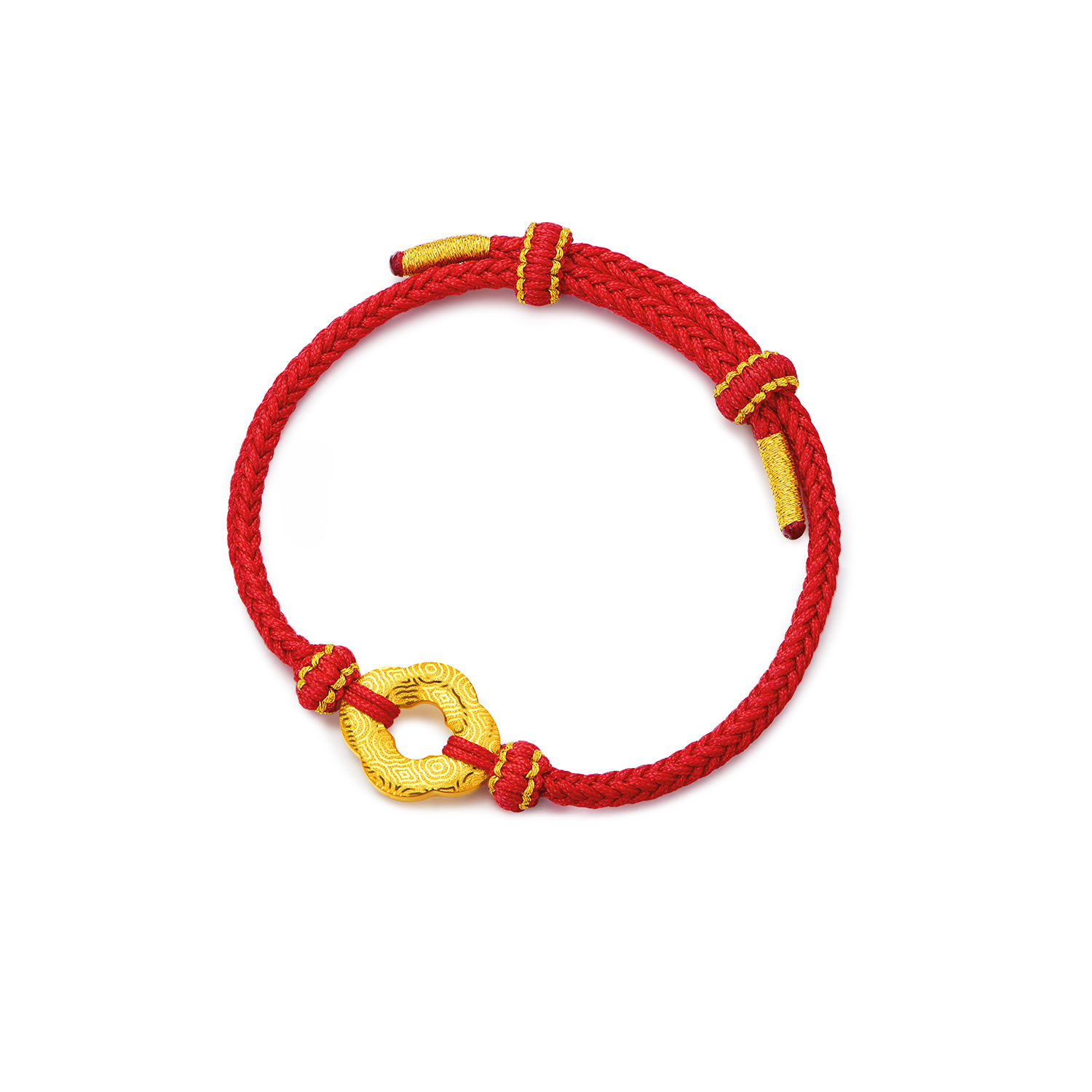 六福珠宝海棠环黄金挂坠手绳男女款硬金祥云纹编织手链ERA0004DS