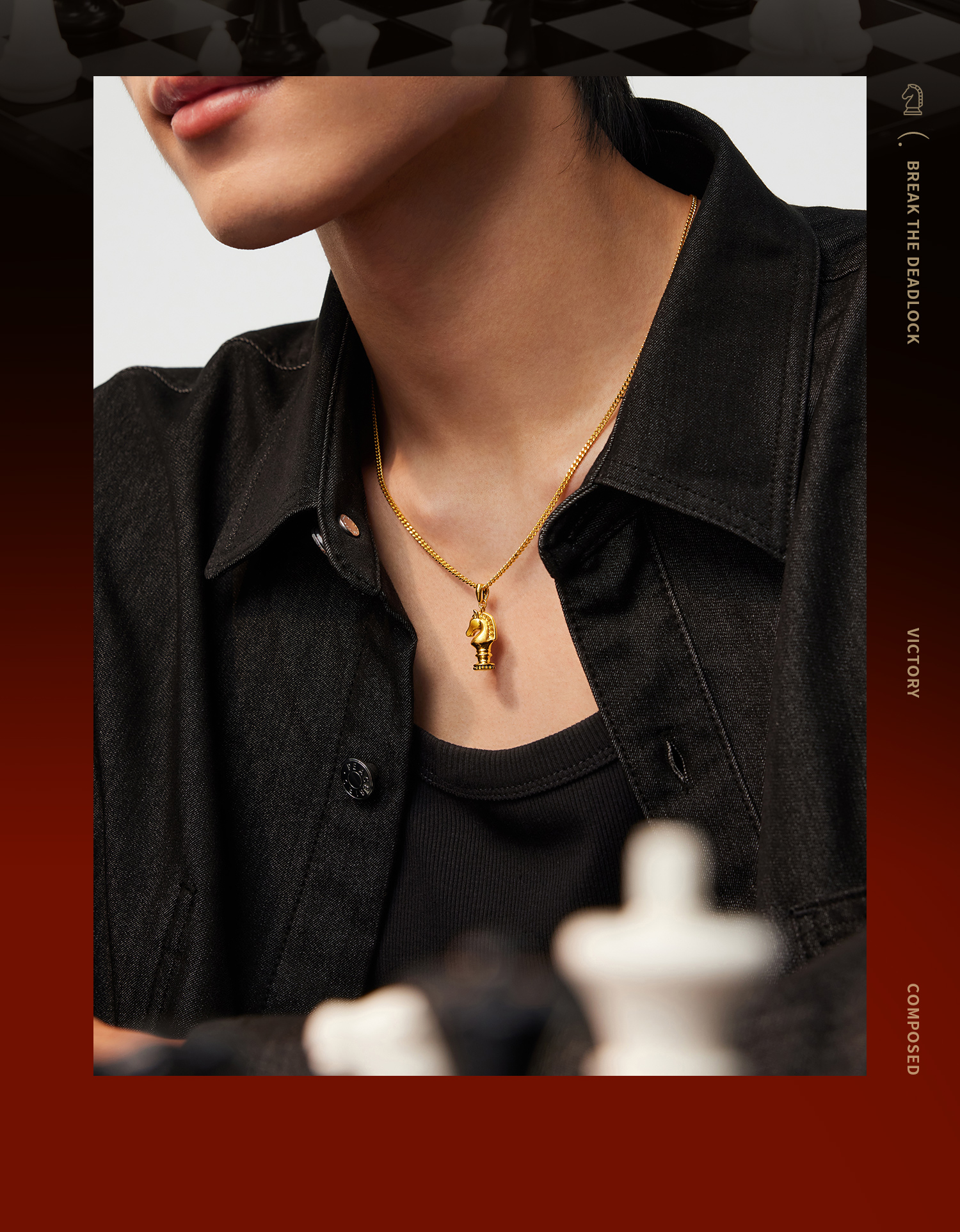 六福珠宝国际象棋黑马棋子黄金吊坠电黑手工拉丝生肖马HEA0011DS