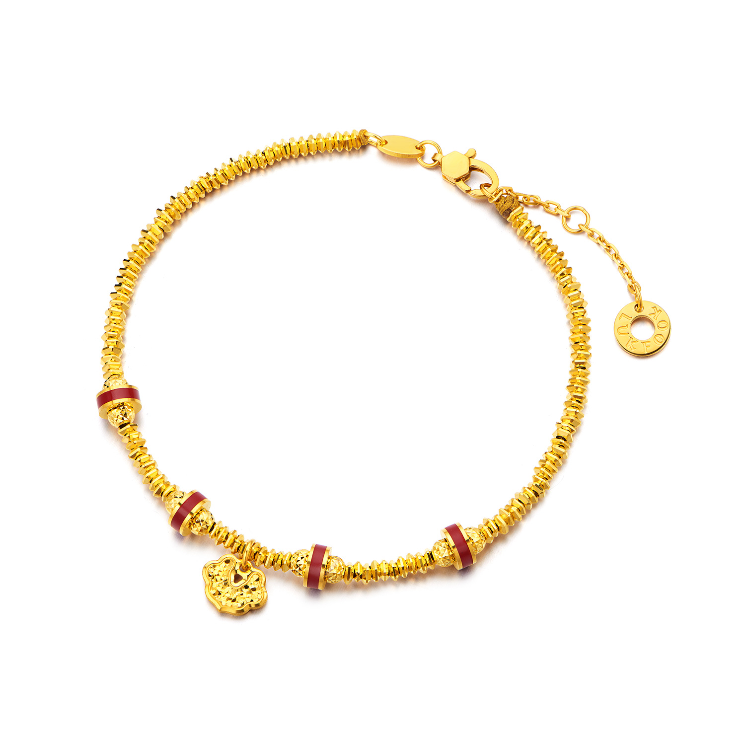 六福珠宝碎碎冰如意黄金手链女款鎏彩筒珠足金手串计价G16G0050DS【视频看货】