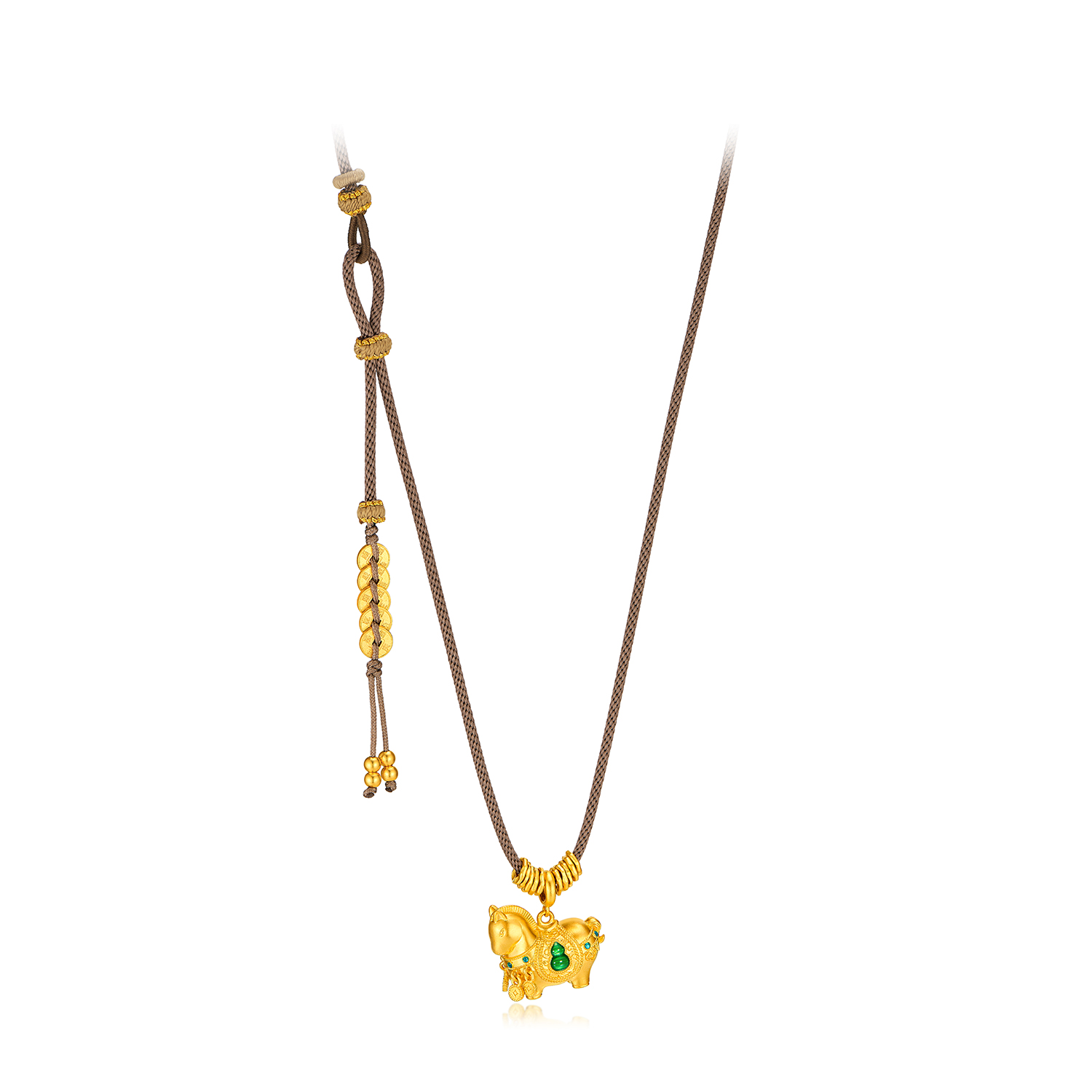 六福珠宝福满传家马上享福黄金项链鎏彩唐马吊坠铜钱计价033783NA【视频看货】