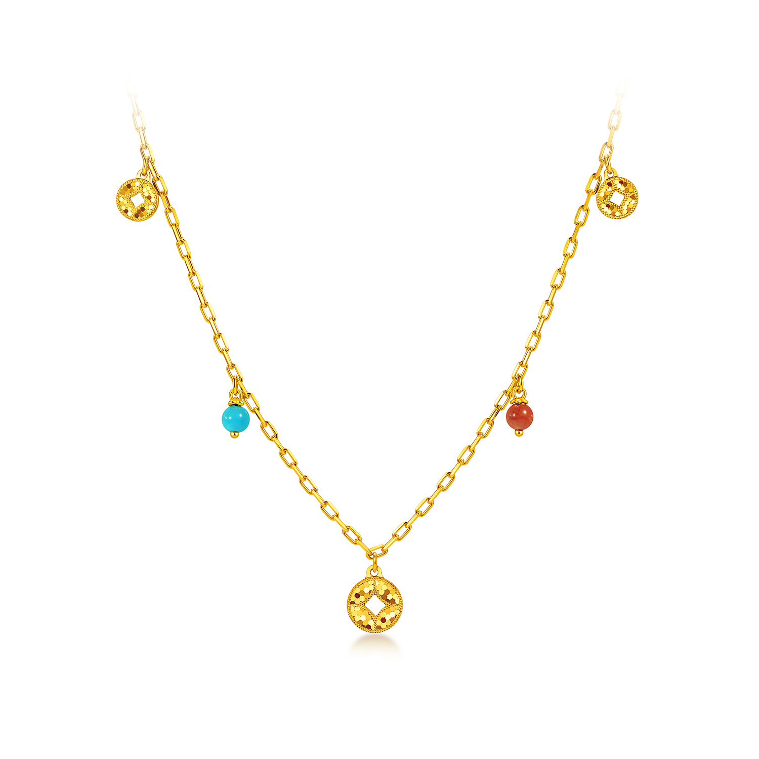 六福珠宝钱多多铜钱黄金项链绿松石闪耀金挂坠玉髓计价F63G0111DS【视频看货】