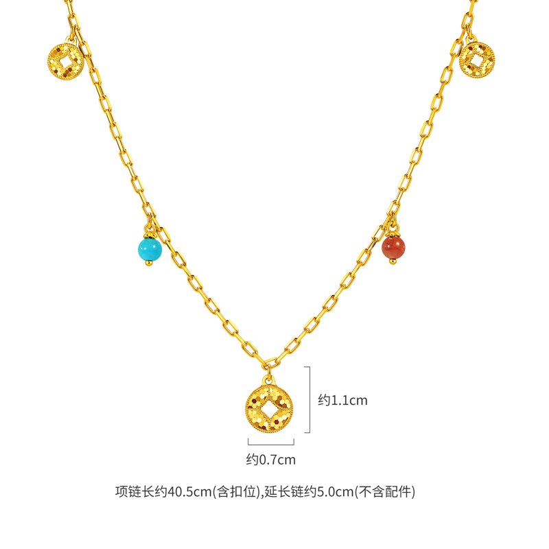 六福珠宝钱多多铜钱黄金项链绿松石闪耀金挂坠玉髓计价F63G0111DS【视频看货】