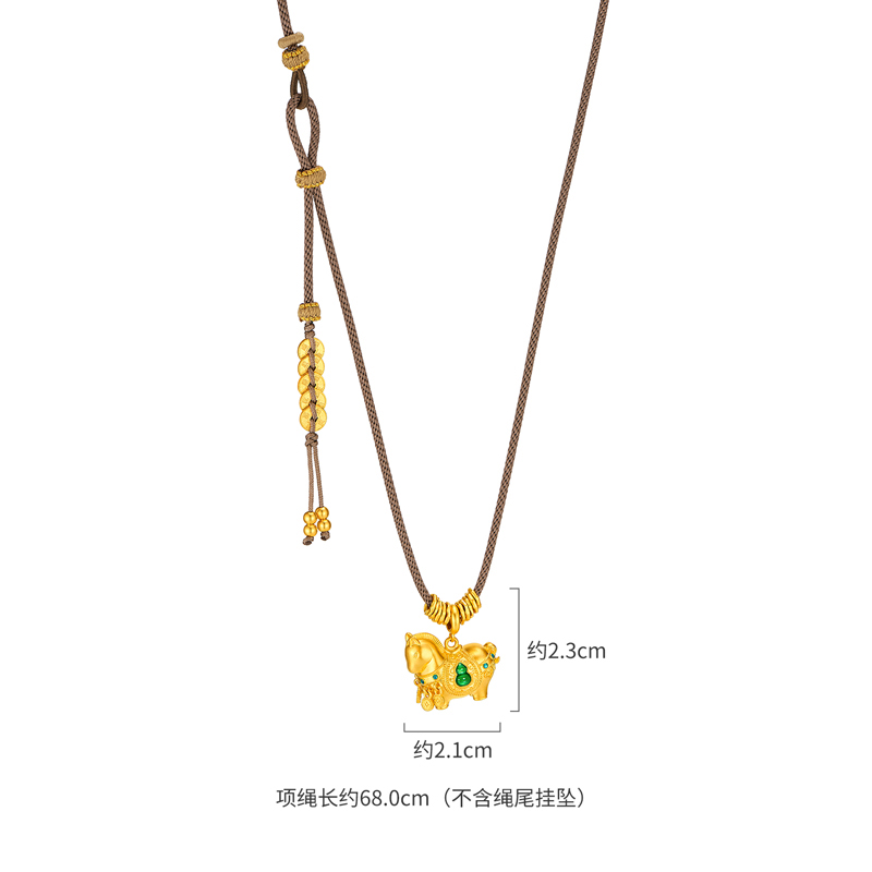 六福珠宝福满传家马上享福黄金项链鎏彩唐马吊坠铜钱计价033783NA【视频看货】