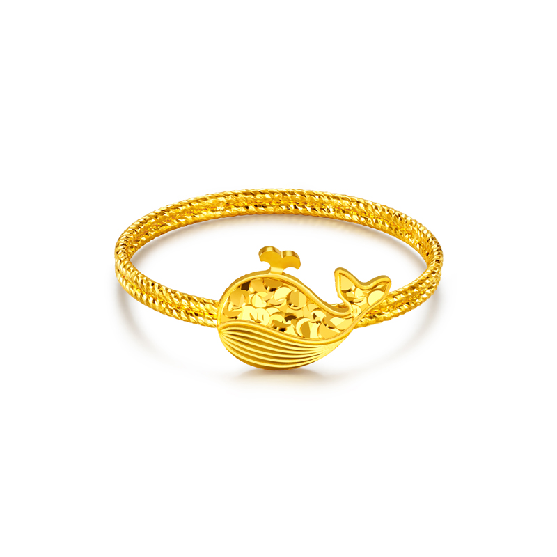 六福珠宝光影金小鲸鱼黄金戒指手工编织实心碎碎冰计价GJG0191DS