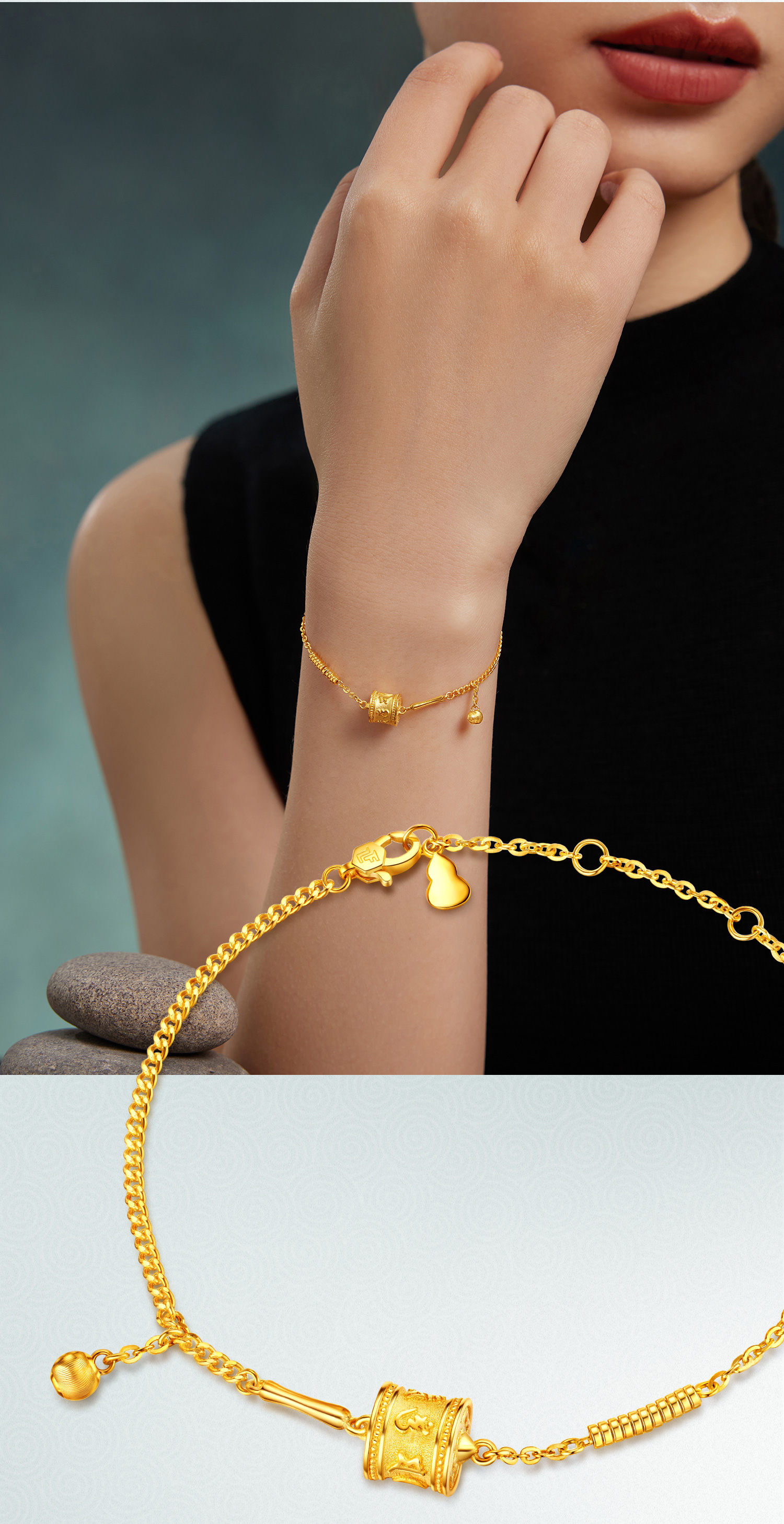 六福珠宝光影金藏式圆筒黄金手链女足金六字真言ab链计价027820BA