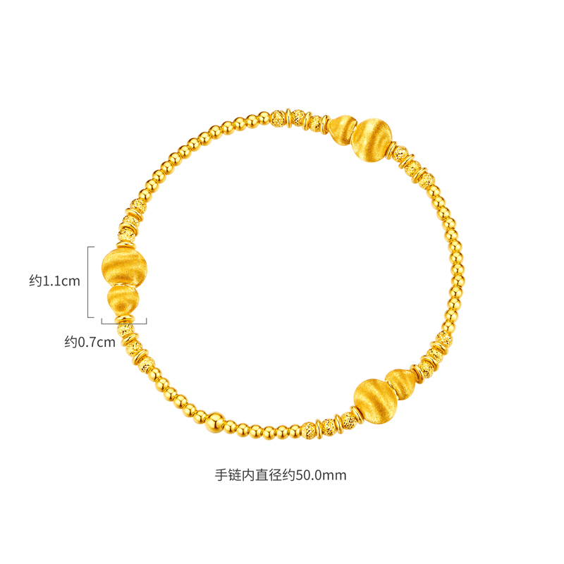六福珠宝光影金葫芦黄金手链女足金手工拉丝金珠手串计价034949ba【视频看货】