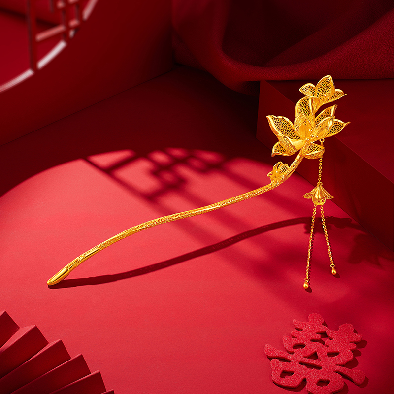 六福珠宝玉兰花开黄金发簪流苏金簪子头饰婚嫁礼计价F58TBGH0004【联系客服补货】