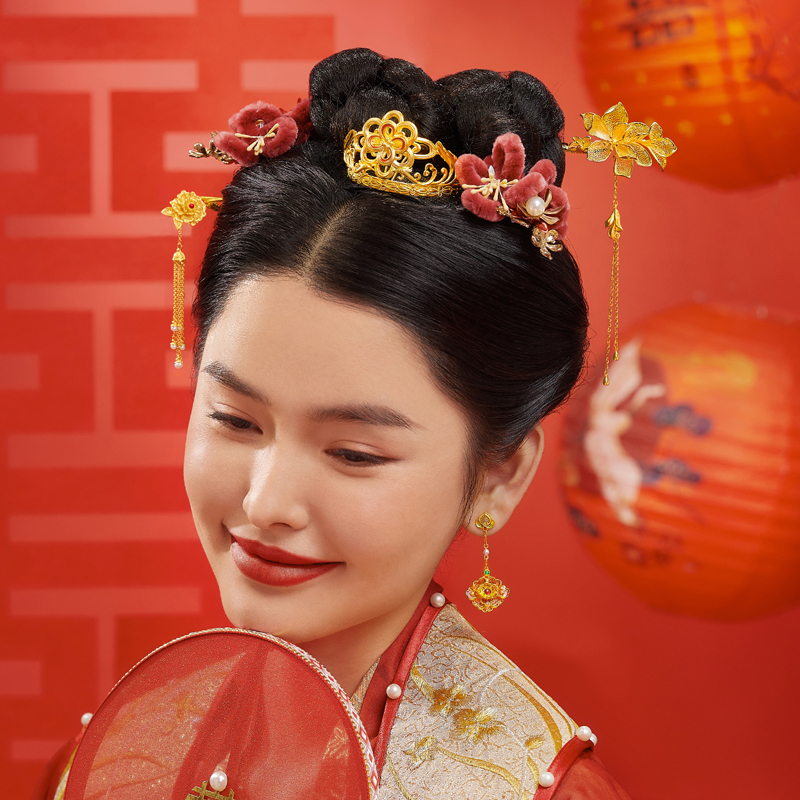 六福珠宝玉兰花开黄金发簪流苏金簪子头饰婚嫁礼计价F58TBGH0004【联系客服补货】