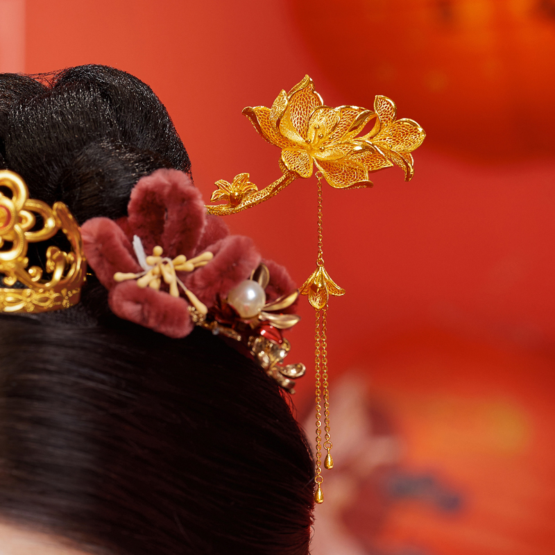 六福珠宝玉兰花开黄金发簪流苏金簪子头饰婚嫁礼计价F58TBGH0004【联系客服补货】
