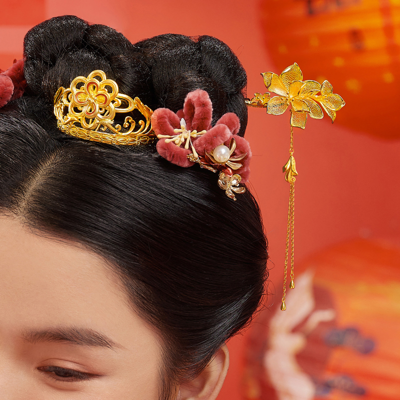 六福珠宝玉兰花开黄金发簪流苏金簪子头饰婚嫁礼计价F58TBGH0004【联系客服补货】