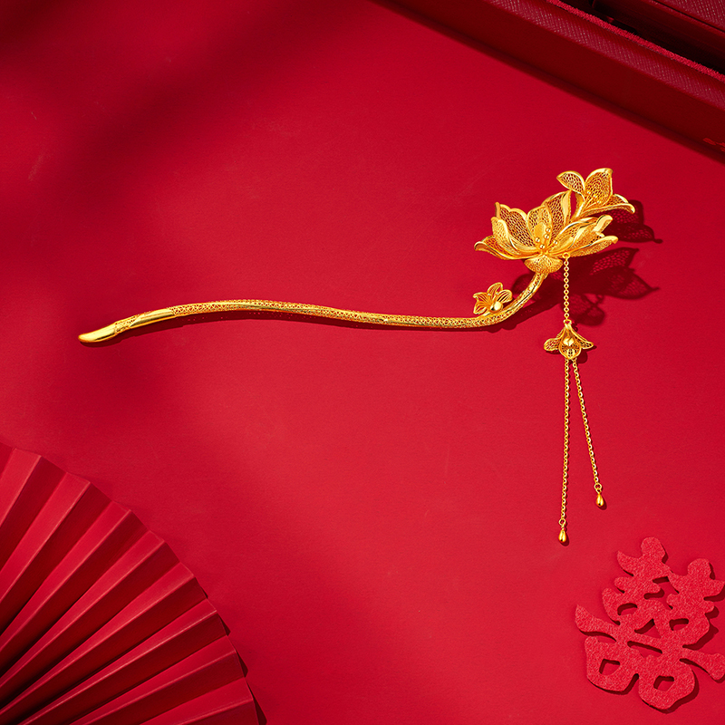 六福珠宝玉兰花开黄金发簪流苏金簪子头饰婚嫁礼计价F58TBGH0004【联系客服补货】